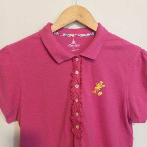 Disney Parks Embroidered Mickey Polo Shirt-Large-Ruffle Trim-Side Vents-Pink - Picture 2 of 10